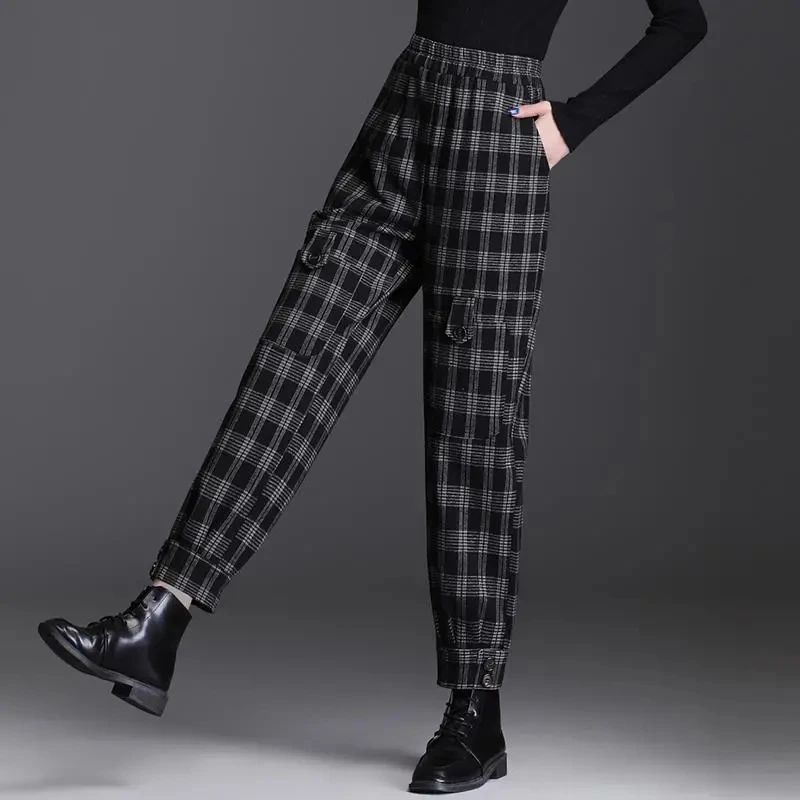 

Woolen plaid Harem Pants For women Spring autumn 2026 Loose Slimming High waisted Trousers Thicken warm Ankle tied Carrot Pants