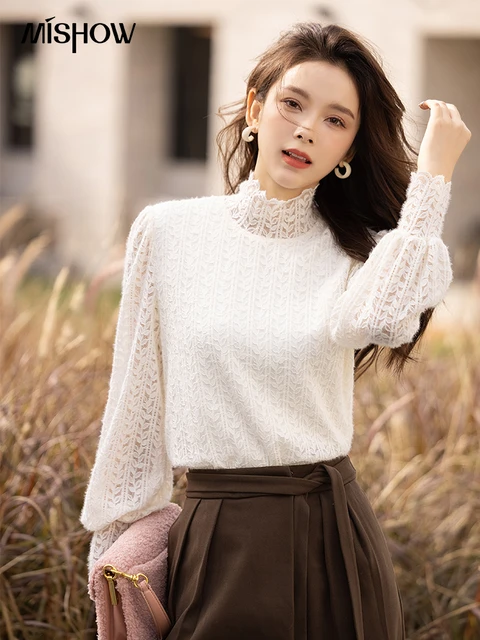 MISHOW Camiseta de encaje de lana para mujer Top suave de fondo para otono e invierno camisetas de manga larga con cuello alto para mujer MXB48X0418