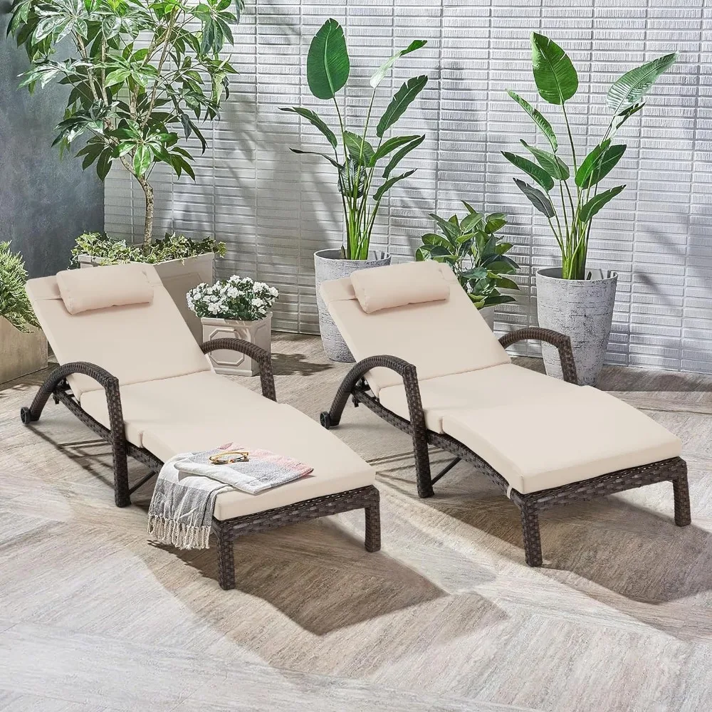 Recliner 2 Piece Set Outdoor, Adjustable 5 Position Outdoor Rattan Wicker Terrace Pool Lounger with Armrests, Cushions, Pillows