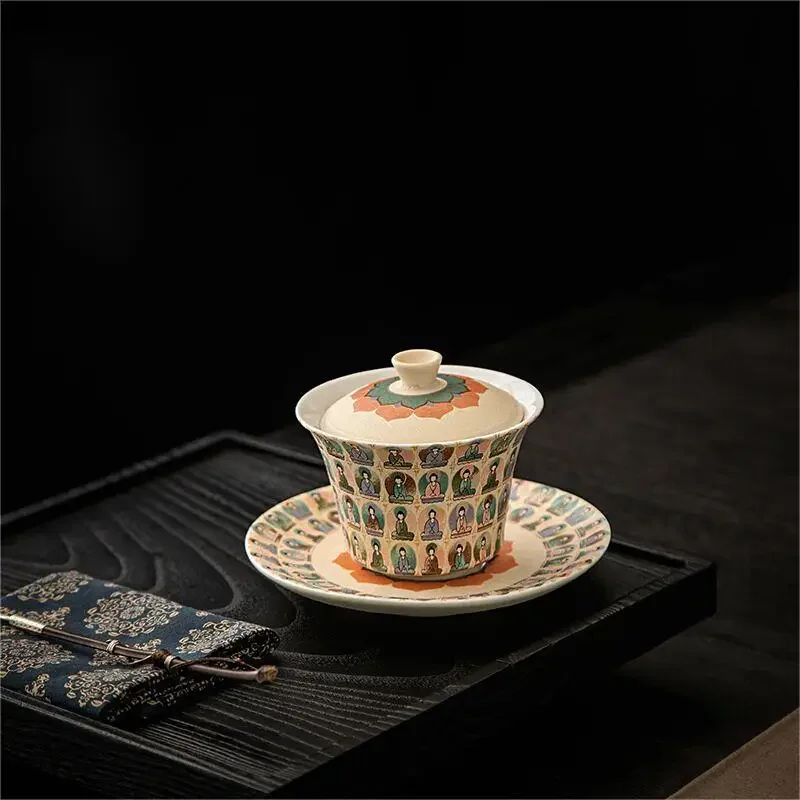 Handmade Anti-Scald Ceramic Three Treasures Cover Bowl Tea Cup, Large Size, Cultural and Creative Dunhuang Thousand Buddha Tea B