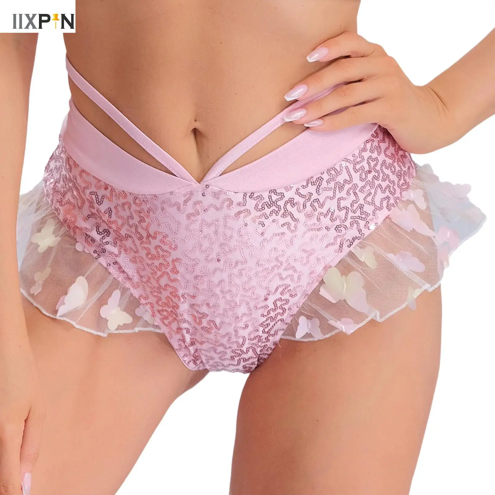 

Women Sequins Princess Underwear Briefs Low Rise Sparkly Ruffle Mesh Butterfly Panties Halloween Role Play Rave Party Club Wear