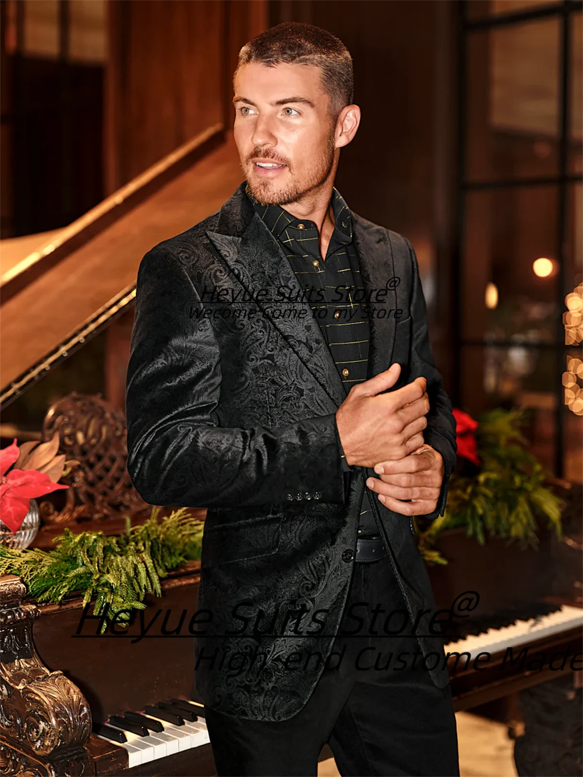 

Elegant Black Jacquard Groom Wedding Tuxedos 2Pcs Sets Customized Slim Fit Peak Lapel Men Suits Male Party Blazers Costume Homme