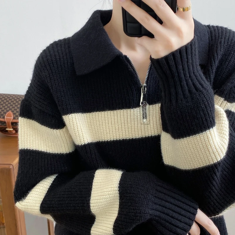 Autumn Winter New Fashion Turn-down Collar Half Zipper Long Sleeve Striped Sweaters Women's Clothing Casual Knitting Korean Tops