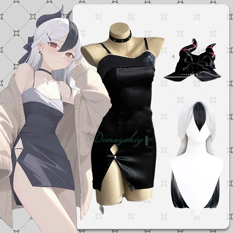 blue-archive-onikata-kayoko-black-halter-evening-dress-cosplay-コスプレ-shawl-coat-wig-women-uniform-halloween-carnival-party