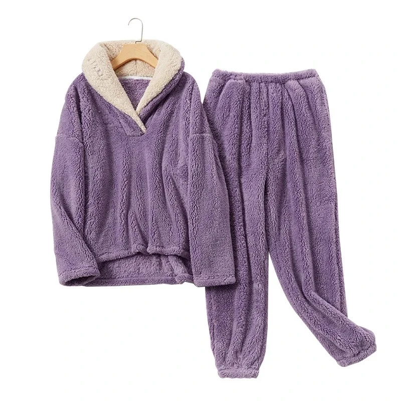 Women's Fleece Winter Thick Pajamas Set 2 Pcs With Pant Ladies Sleepwear Turn Down Collar Flannel Warm Pijama Suit For Female