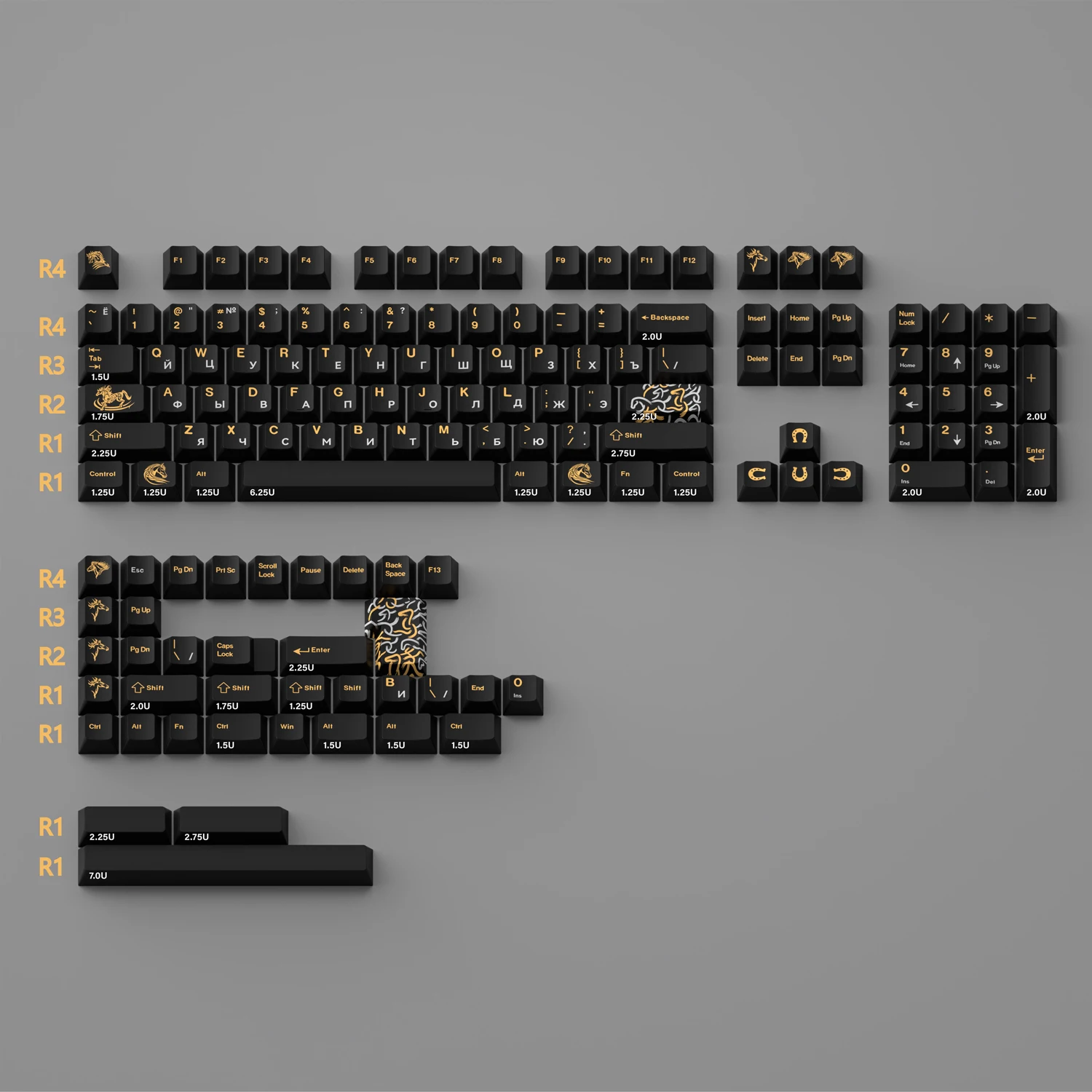 

141 Keys Black Horse Keycaps PBT Material Cherry Profile Black Gold Color Keycap For ATK Mechanical Keyboard For Rainy75 Lucky65