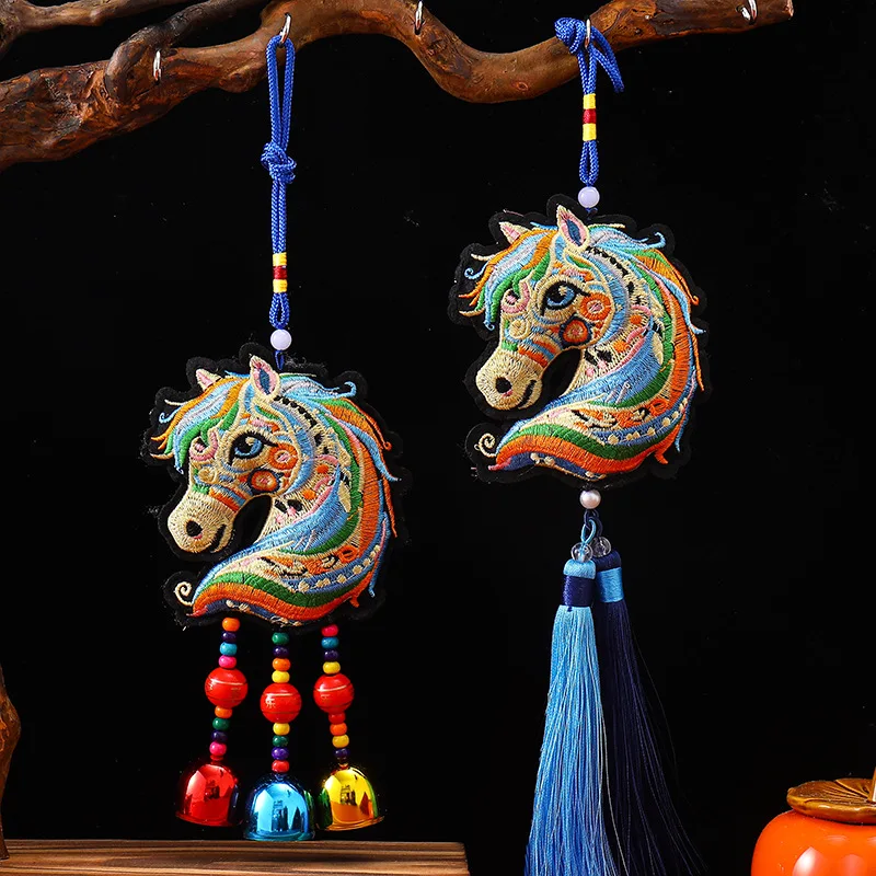 

2Pcs New Year of the Horse Zodiac Embroidered 3D Horse Head Tassel Wind Chime Ornaments Home Decor & Car Accessory Decorations