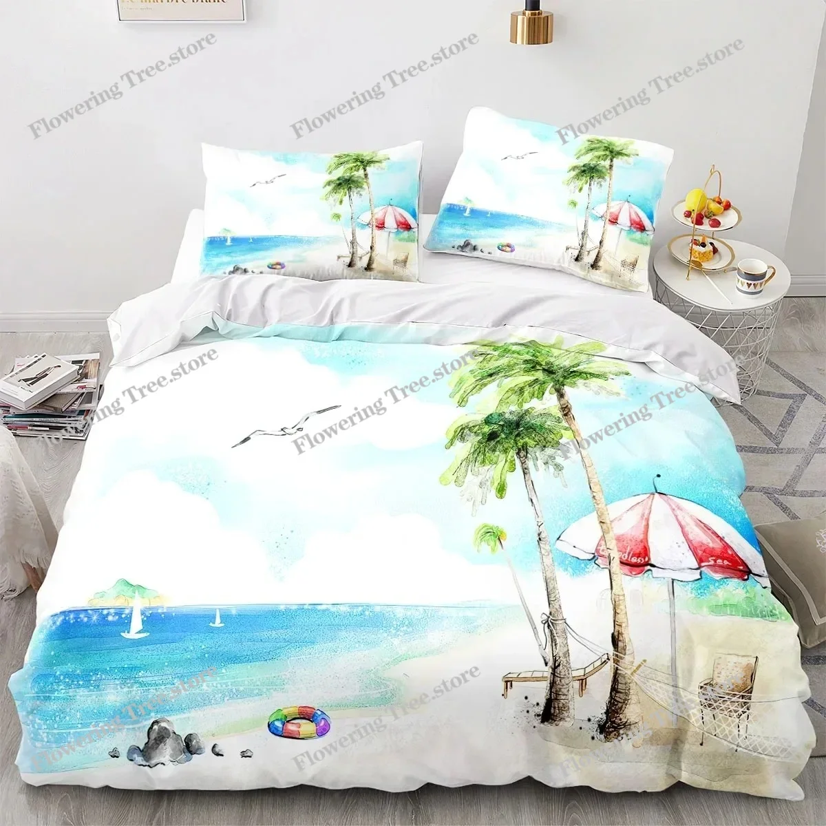 3D Printed Sea View Coconut Bedding Set Pillowcase Duvet Cover Double Twin Full Queen King Adult Kids Bedclothes Quilt Cover