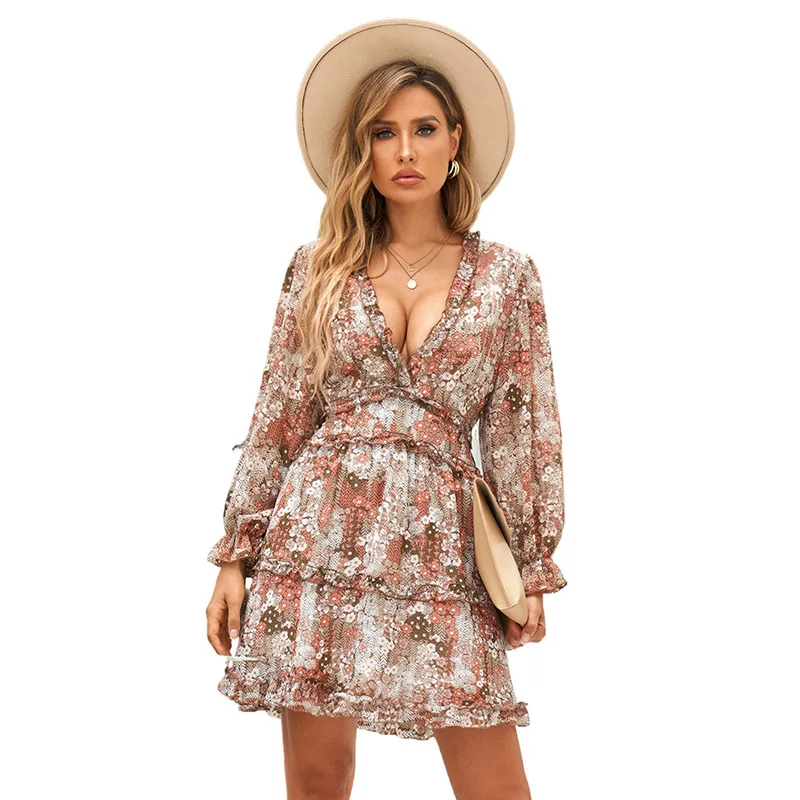 

Womens 2023 Spring Summer Deep V Neck Ruffle Long Sleeve Floral Print Mini Dress