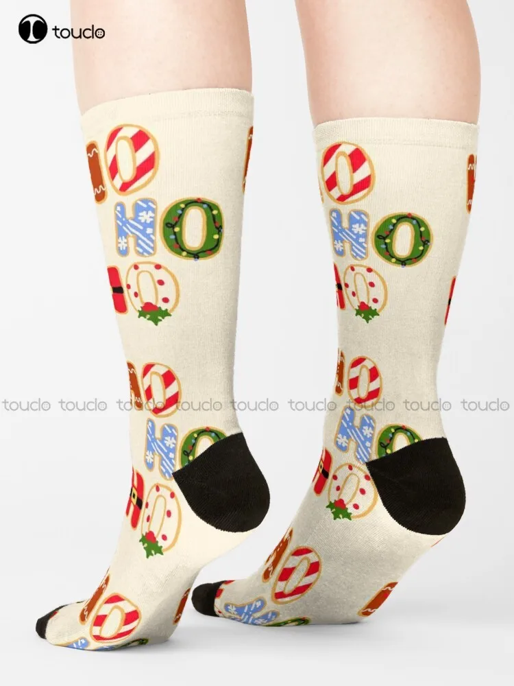 Ugly Holiday Sweater | Gingerbread Cookie - Ho Ho Ho Christmas Letter Cookies - Sticker Socks Winter Socks For Women Custom