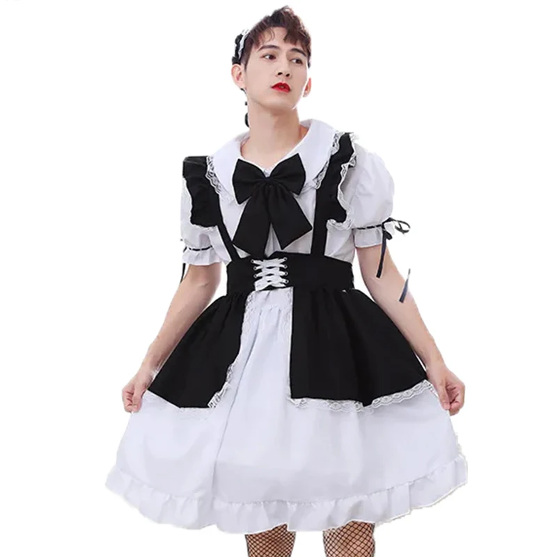 Men Maid Outfit Sexy Black White Apron Dress Sweet Gothic Lolita Lace Bowknot Dresses Cosplay Sissy Cross-dressing Costume