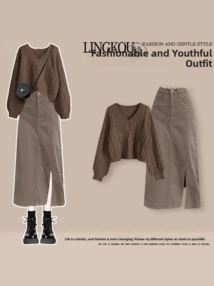 Vroege herfst vintage damesfaion-set met V-hals trui en spijkerrok met split, middeldun lang Sve-T-shirt