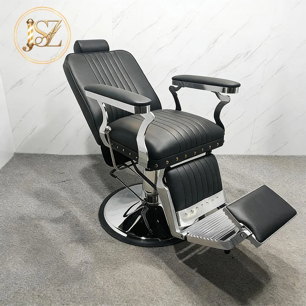 Heavy Duty Chrome Base Hydraulic Reclining Barber Chair Vintage Leather 360 Rotatable Salon Styling Chair