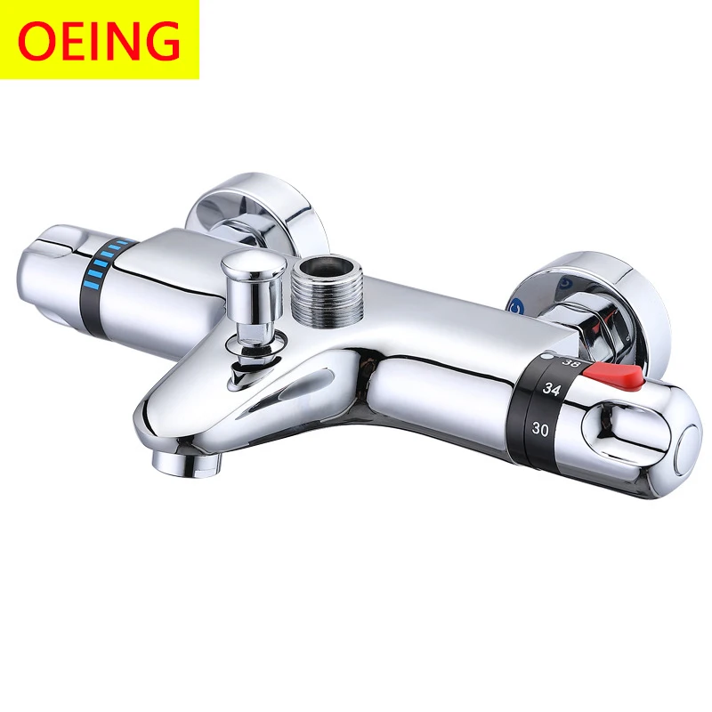 Chrome Thermostatic Bathtub Faucet  Wall Install Temperature Control  All Brass Connect Tube and  Spray Handheld Shower Tap