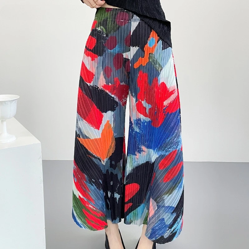 

Colorful Abstract Retro Printed Pleated Women Wide Leg Pants with High Waist Loose Casual Fashionable Street Female Clothing