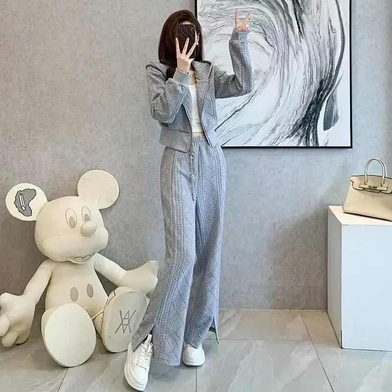 Pant Sets for Women 2 Pieces Autumn Winter Hooded Sweatshirt Tracksuit Trousers Woman Sport Wide Leg Korea Stylish Tailor Co Ord