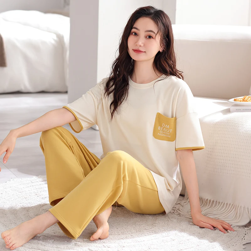 Summer Women Pajamas Set Ladies 100% Cotton Sleepwear Female Solid Pyjamas