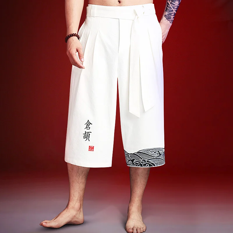 

2024 Spring Japanese Linen Yukata Cropped Pants Japanese Traditional Kimono Pants for Men Asian Bath Pants Plus Size 3xl 4xl 5xl