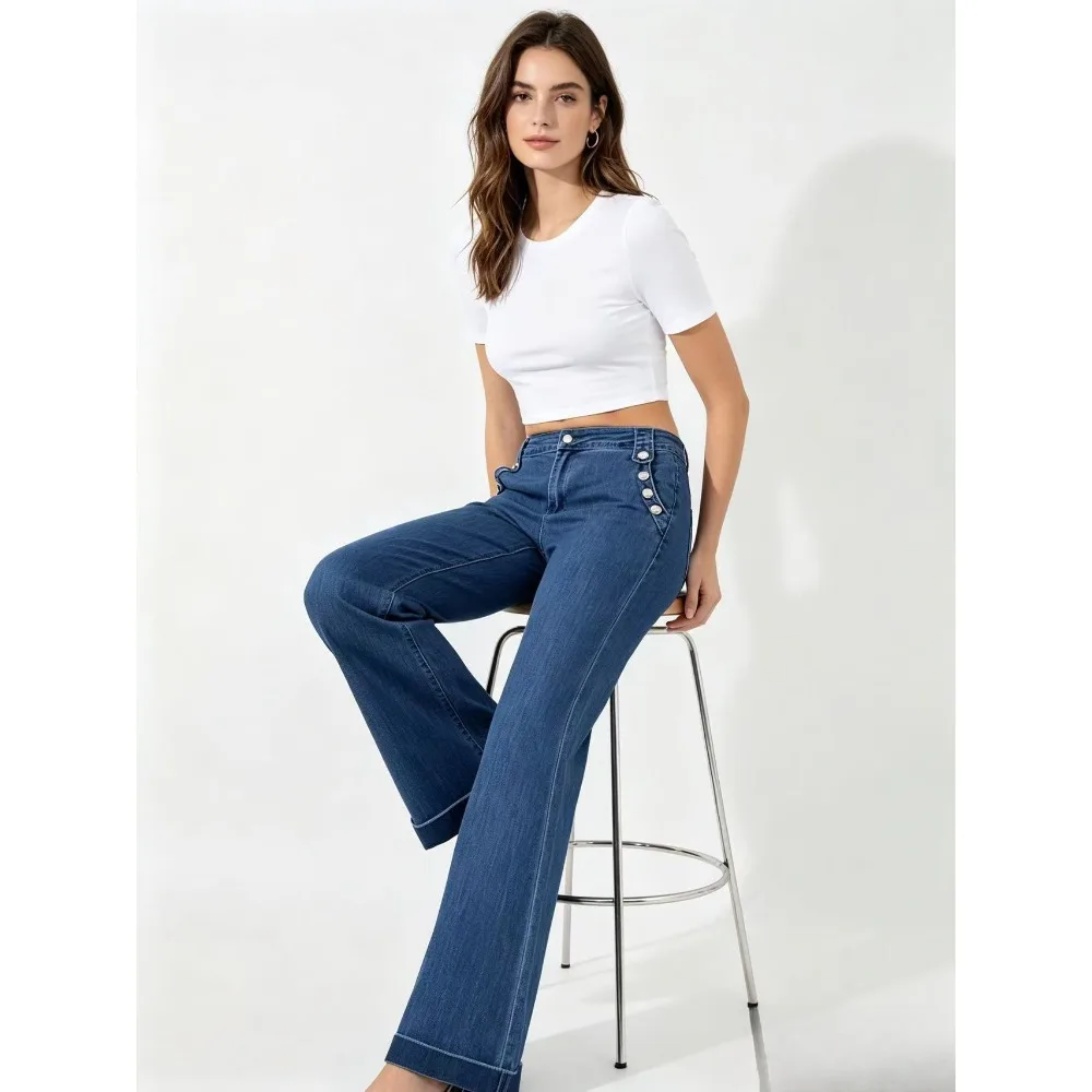 Women's high waist flared jeans, side metal buckle hemmed elastic micro-trousers.