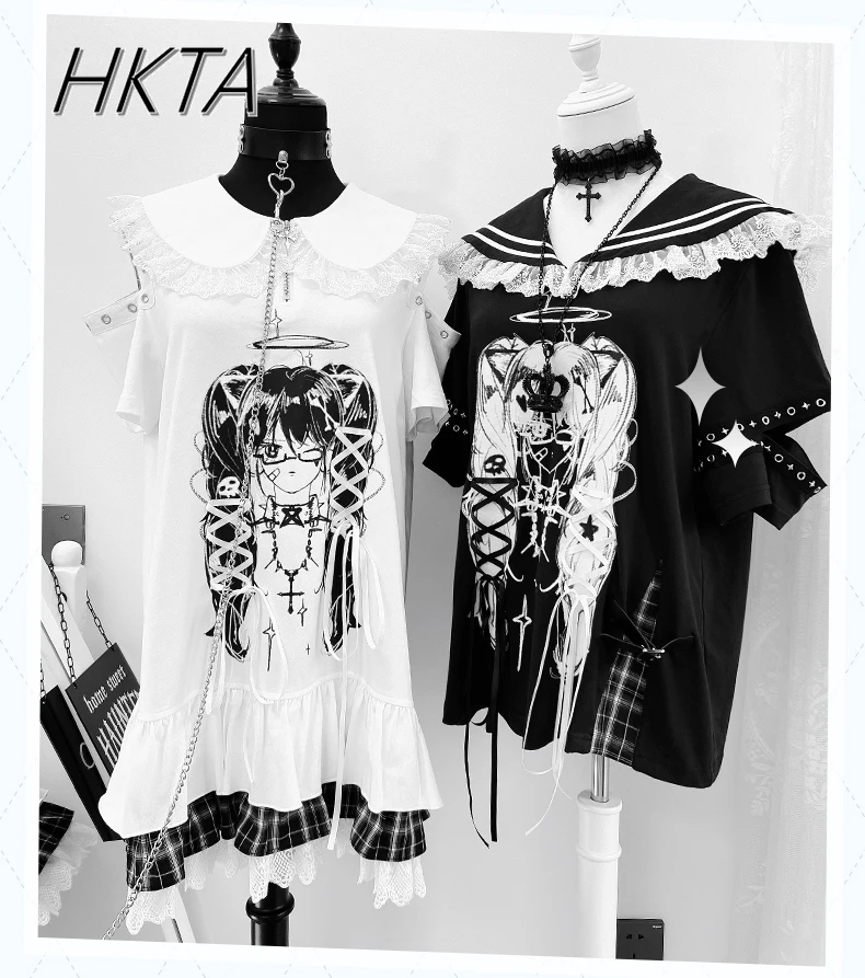 Robe blanche imprimée à bretelles dénudées pour filles, Style sous-culture, col de poupée doux et Cool, Patchwork, t-shirt Long pour femmes, nouvelle collection