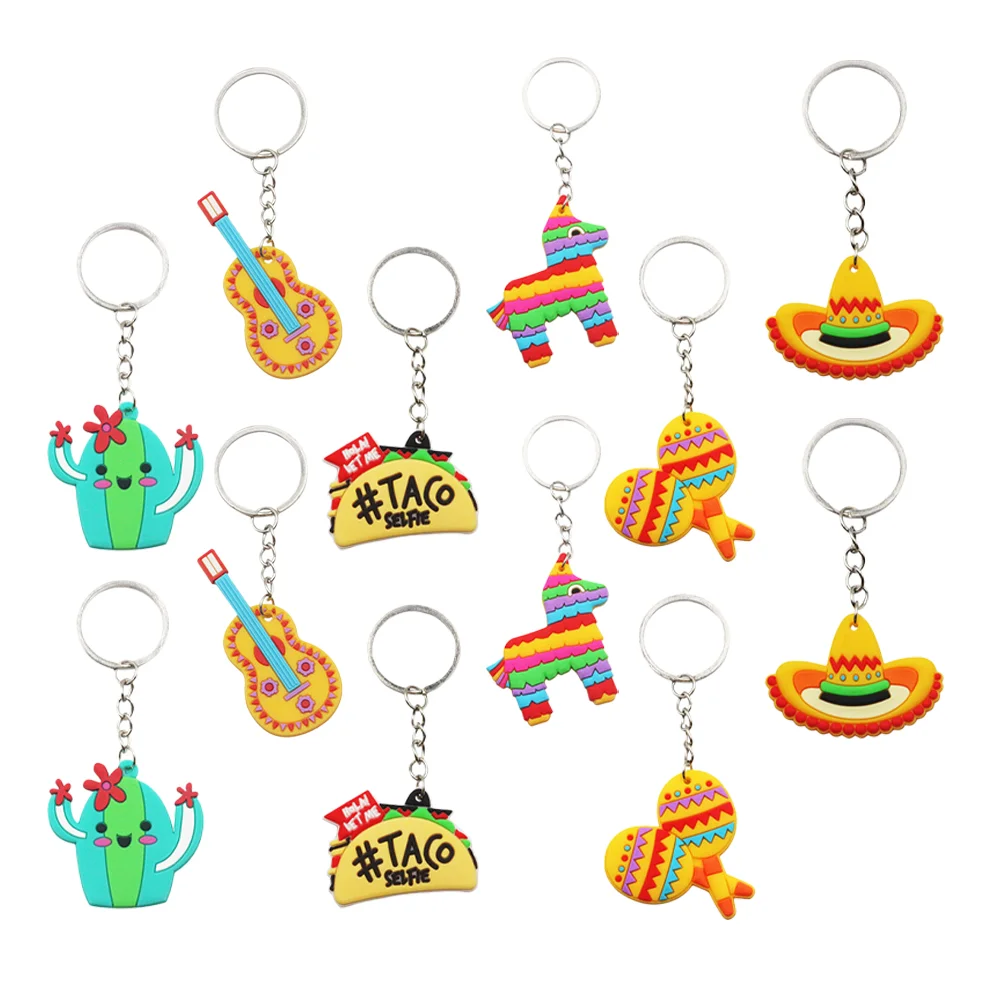 

12 Pcs Key Chain Gifts Mexican Fiesta Party Favors Bag Keychain Rings Keychains for Kids Pvc Keyring Decor