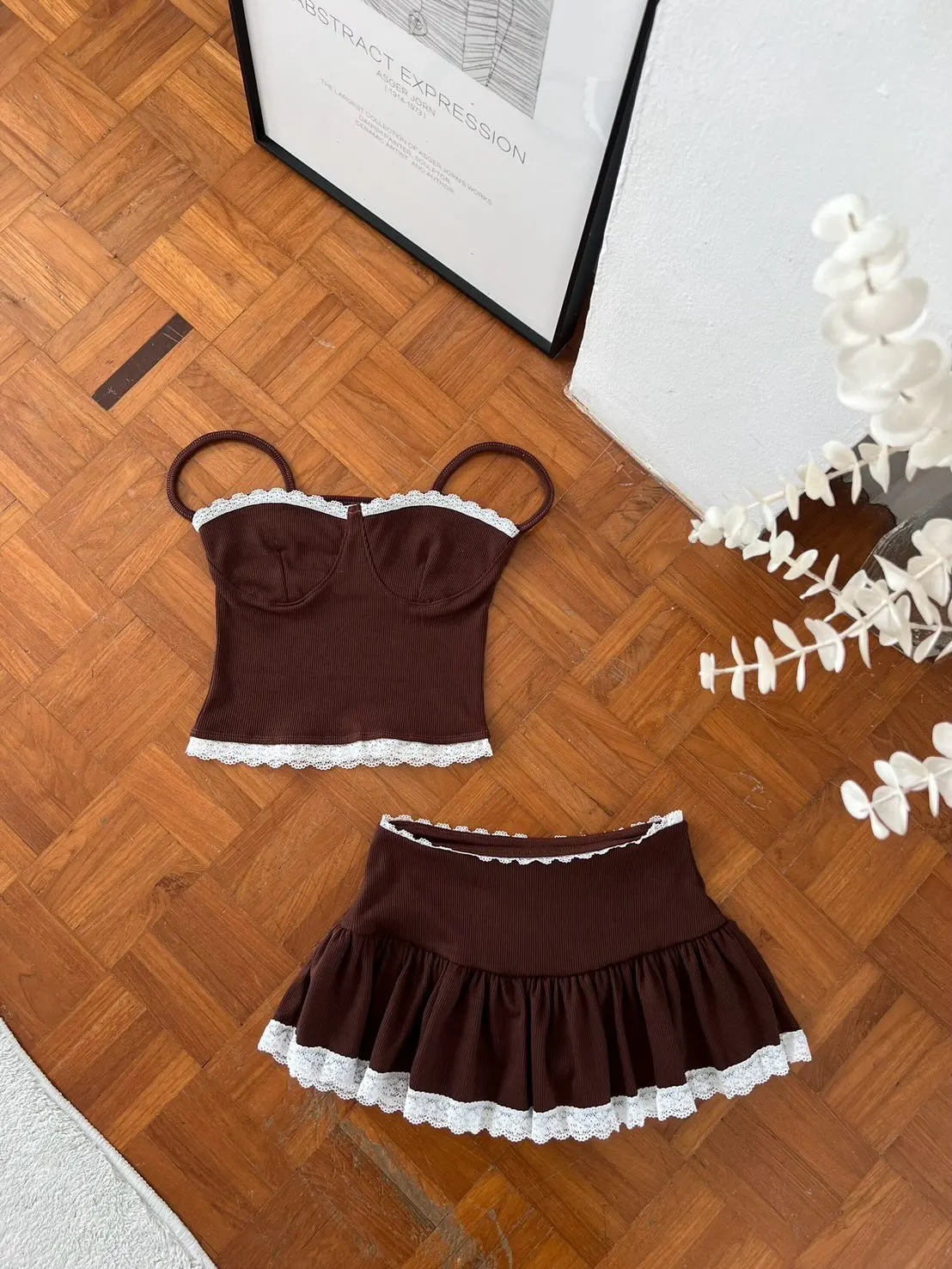Women Sweet Lace Edge Camisole And Ruffle Mini Skirt Y2K Punk Summer Outfit Knit Matching Suit Items Can Be Purchased Separately