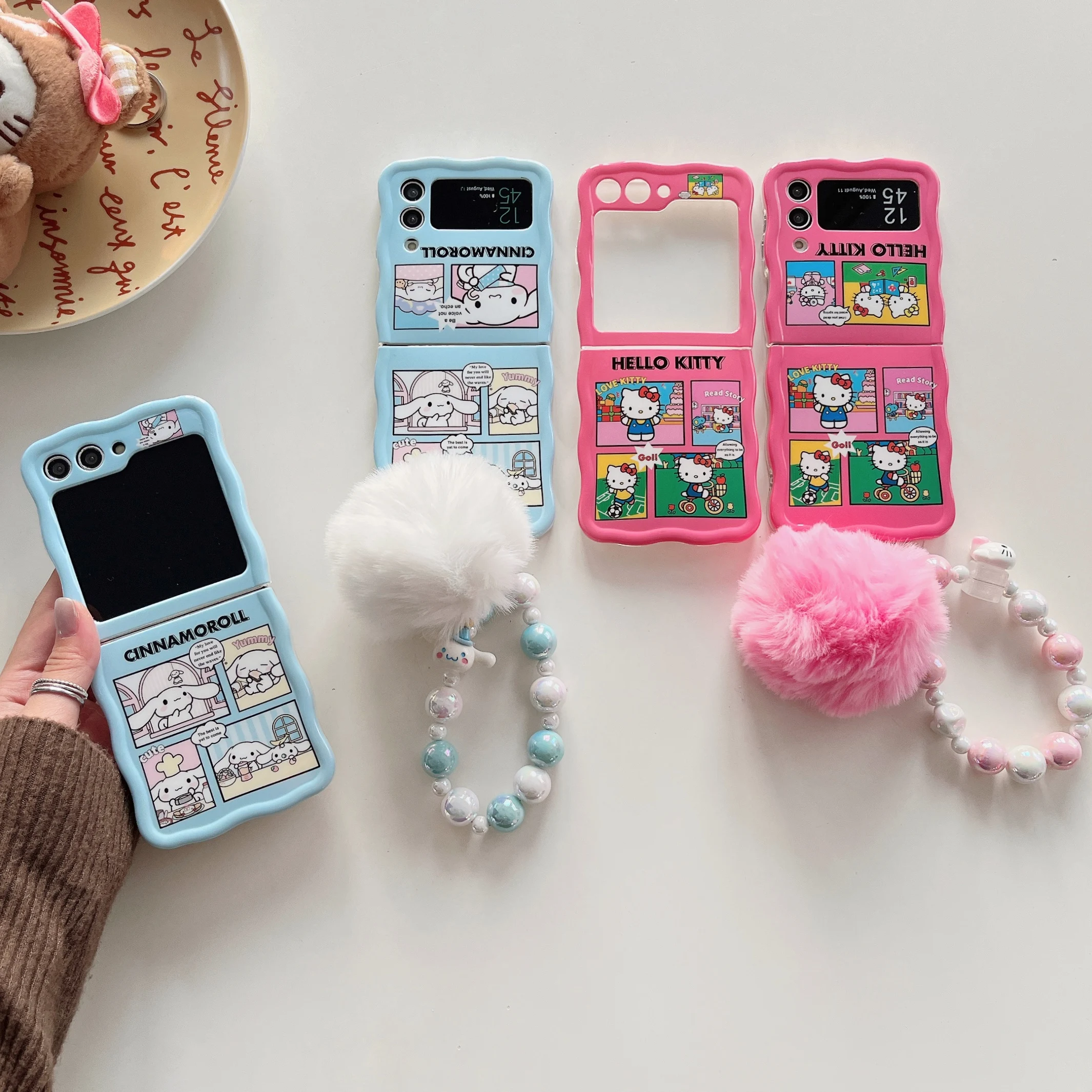 Cute Sanrio Hello Kitty Cinnamoroll with Lanyard Phone Case for Samsung Galaxy Z Flip 3 4 5 5G PC Hard Anti-drop Back Cover Gift