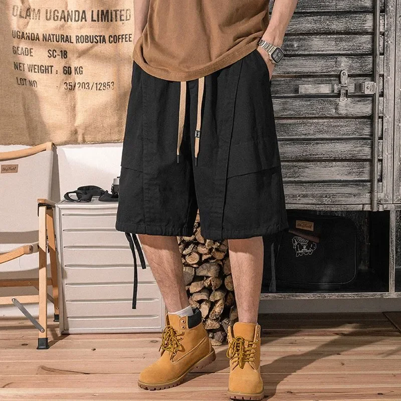 Men's Vintage Cargo Shorts Drawstring Waist Oversized Knee Length Outdoor Camping Summer Casual Shorts