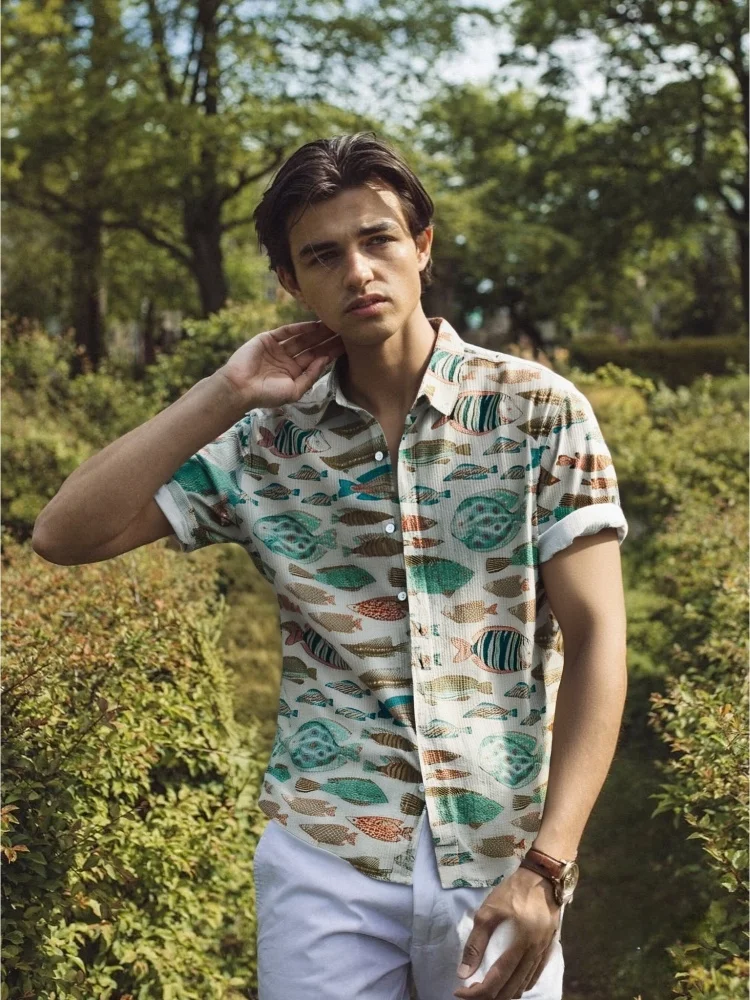 

Vintage Marine Fish Graphic Linen Blend Cozy Shirt Fashion Summer 2025 Short Sleeve Single Breast Buttons Tunics Blouse Holiday