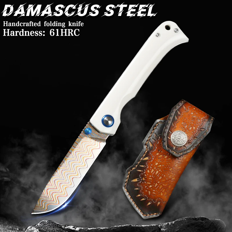 

Damascus steel folding knife, ideal for outdoor camping, hiking, hunting, survival and as an everyday carry (EDC) pocket knife