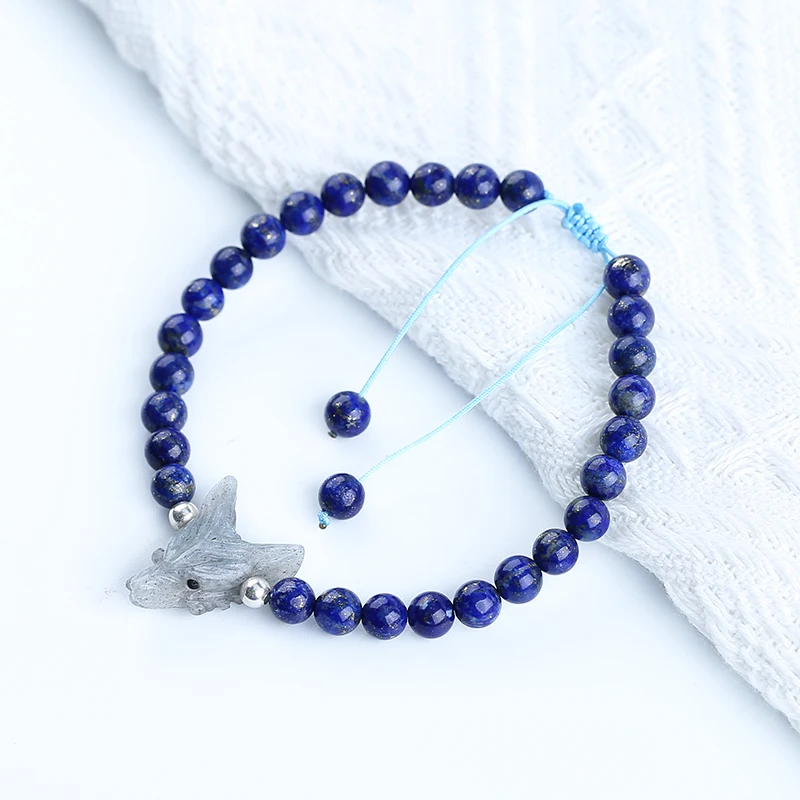 Fashion Jewelry Natural Stone Labradorite Carved Wolf Lapis Lazuli Bracelet Beads,6mm 19cm 22x16x8mm