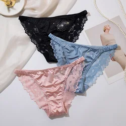 Women's Satin Panties Low-Waist Ruffle Lace Silk Sexy Underwear Comfortable Elastic Ladies Underpants Lingerie