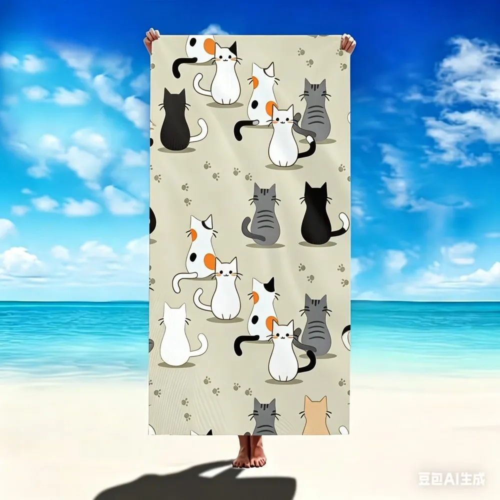 Oversized Cute Cat Beach Towel XL Cartoon Kitten Pool Blanket Large Bath Towels for Cat Lovers Summer Vacation Travel Essentials