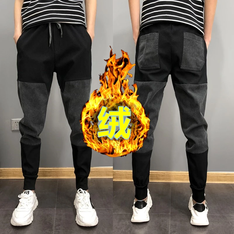 

Trendy Fce Lined Thiened Slim Fit Casual Pants for Men Harajuku Sle Patchwork Autumn Winter Faionable Cuffed Trousers