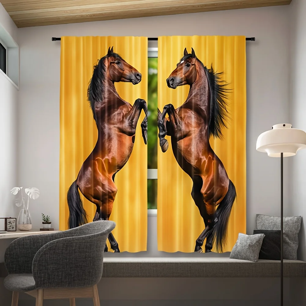 Majestic Horse Print Curtains Yellow Background Equestrian Stallion Window Drapes for Living Room Bedroom Decor