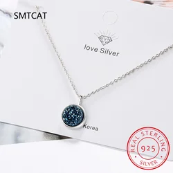 Round Created Natural Agate Blue Sapphire 925 Sterling Silver Halo Pendant Necklace Gemstone Jewelry Colar de Prata