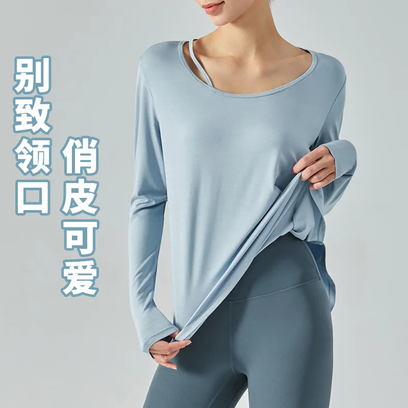 

Single tie-up neckline loose casual fitness clothes long-sleeved blouse running sports wear yoga clothes