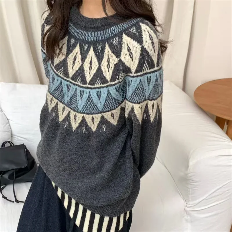 Autumn Winter Thermal Knitted Sweater Women's Retro Long Sleeved Round Neck Loose Pullovers Ladies Casual Soft Woolen Tops