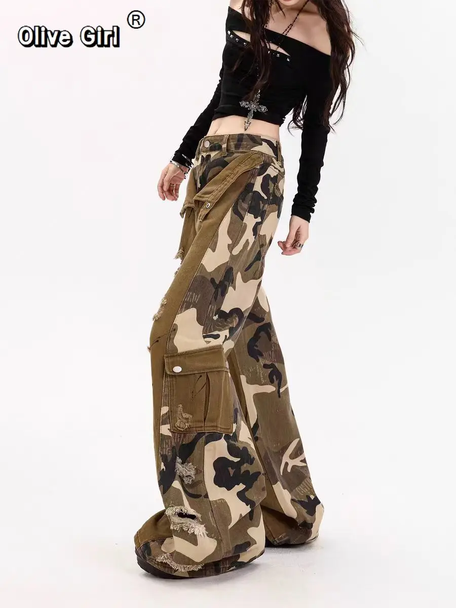 النساء الجينز Harajuku خمر فضفاض سراويل جينز براون التمويه المرقعة ممزق البضائع اليابانية 2000s Y2k ممزق الجينز السراويل #2