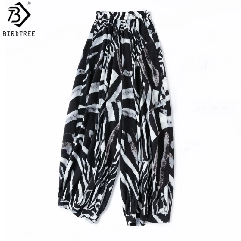 

Birdtree, 100% Real Silk Zebra Stripe Pants, Women Double Crepe Pocket Lantern Trousers, Elastic Waist, 2026 Summer New P64018JF