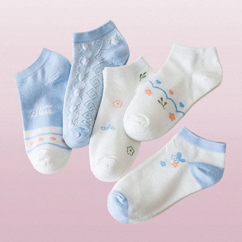 5/10 Pairs Comfortable Breathable Women's Fresh Small Flower Girls Ladies Shallow Mouth Boat Socks Low Cut Invisible Short Socks