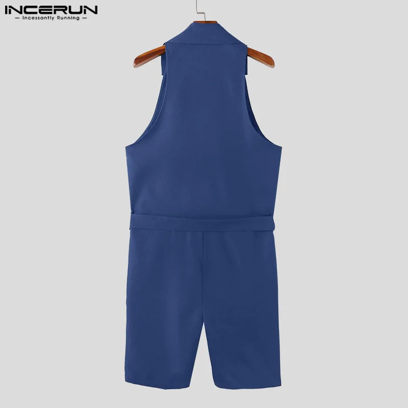 INCERUN Men Jumpsuits Solid Color Lapel Sleeveless Double Breasted Overalls Men Streetwear 2024 Fashion Casual Rompers With Belt