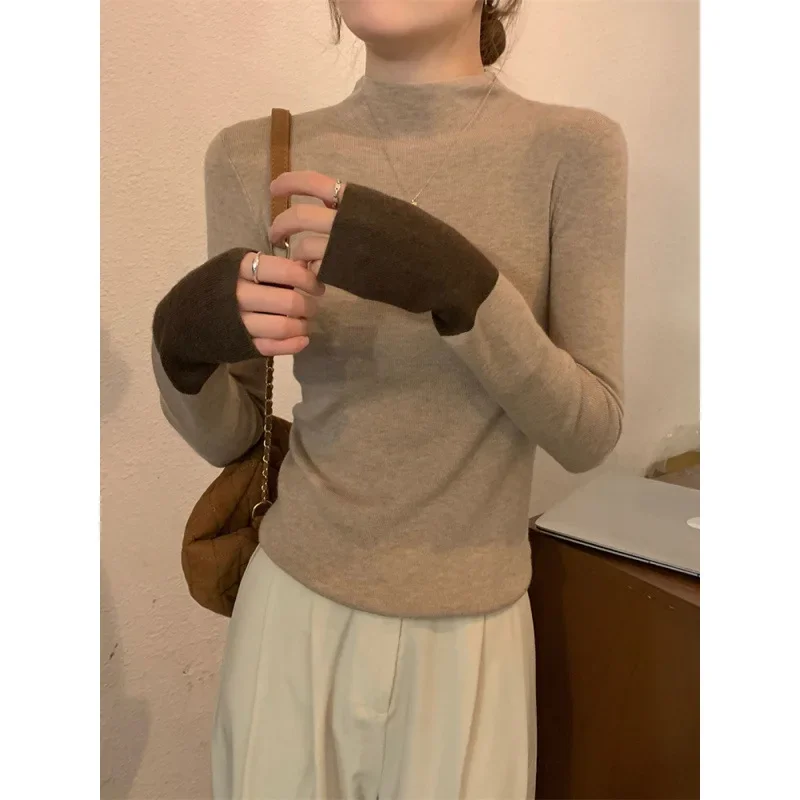 

Women's Fashion Slim Fit Base Layer Top Black Inner Wear Spring Autumn Winter Color Block Half High Collar Knitted Sweater