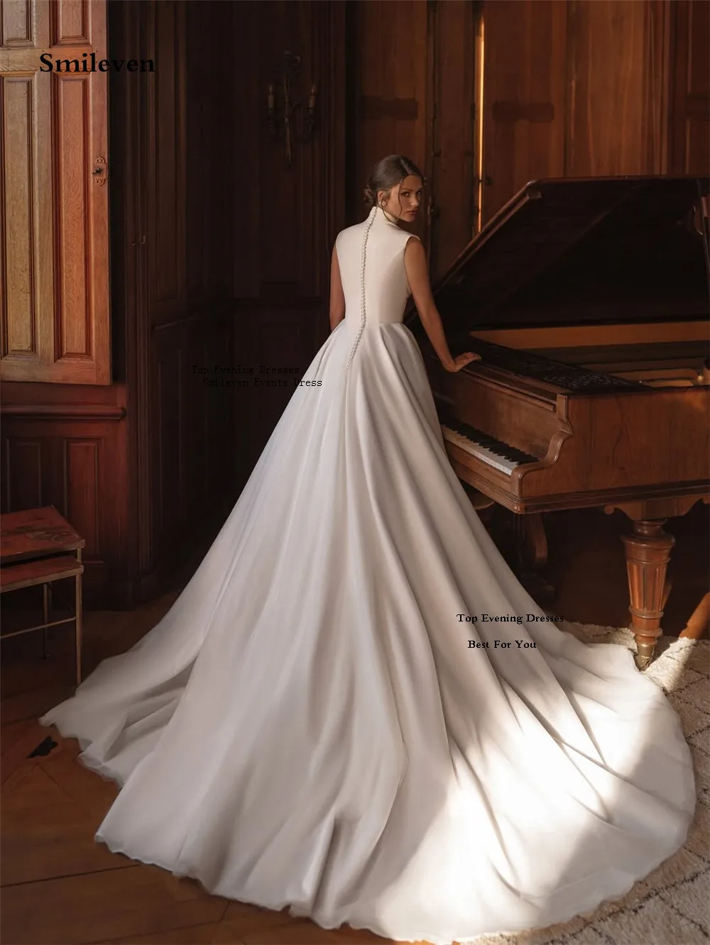 Smileven Cap Sleeve A Line Wedding Dress Sleeveless High Neck Bride Dresses Vestido de novia Train Wedding Gowns Customized