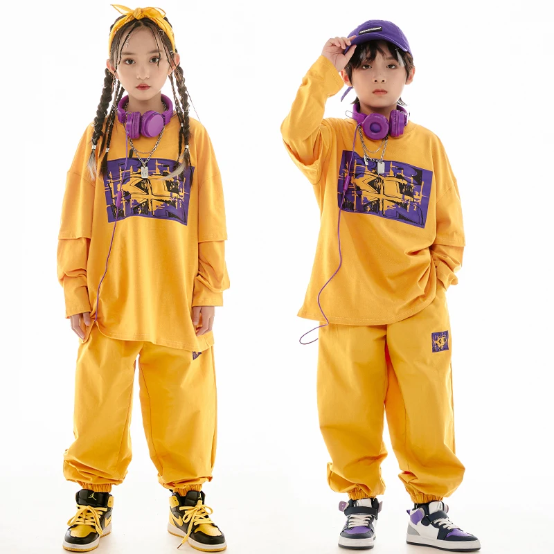 

Girls Ballroom Hip Hop Dance Clothes Long Sleeves Tops Pants Yellow Suit Boys Street Dance Practice Performance Costume BL11608