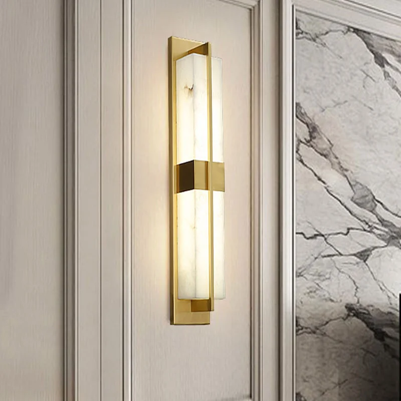 

BOSSEN Light Luxury Simple Rectangle Natural Marble Full Copper Wall Sconce for Home, Bedroom, Hotel, Villa