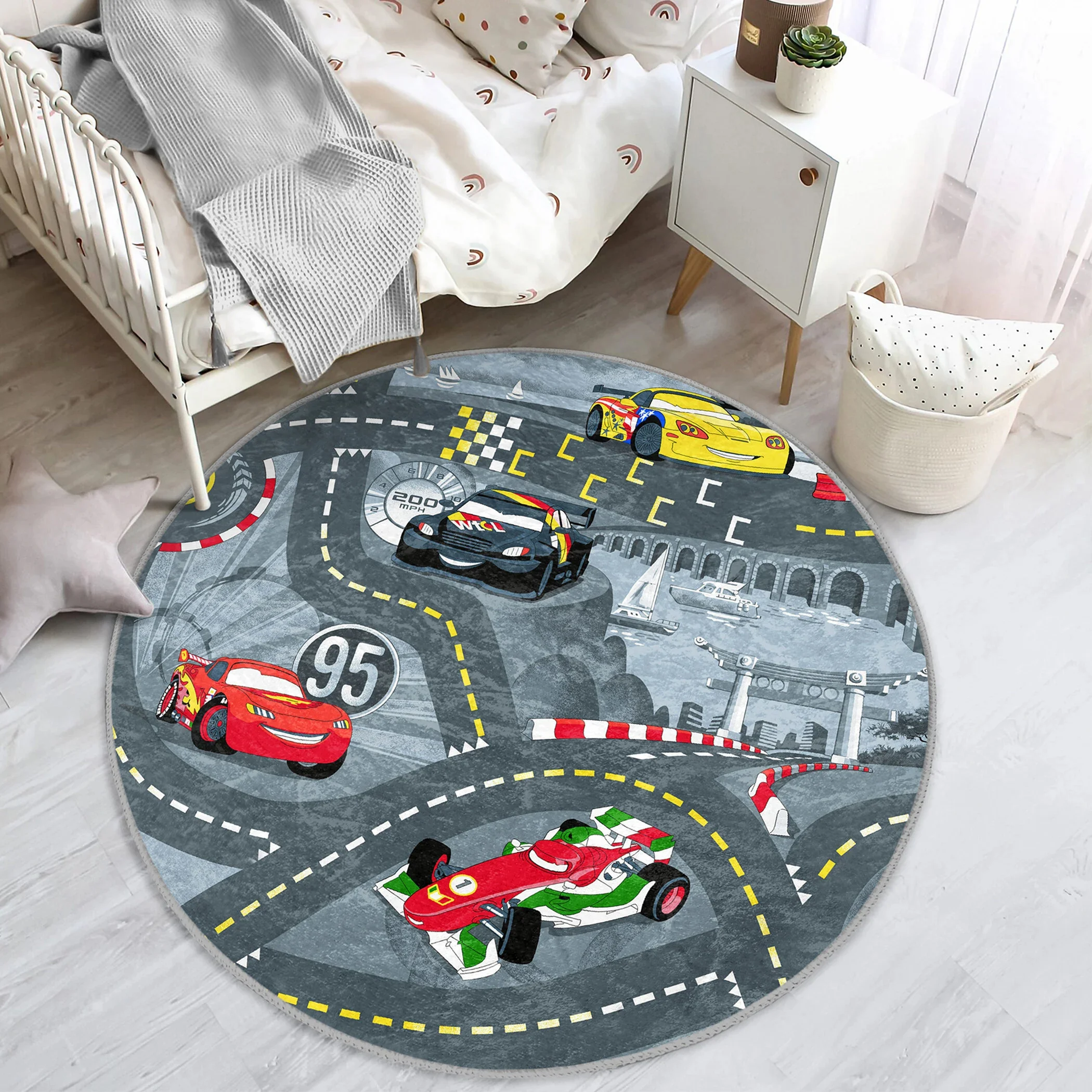 Autos Kinderzimmer Teppich Cartoon Spielmatte für Kinderzimmer Rennen Kleinkind Runder Teppich Track Rutschfester Aktivitätsteppich Formel Spielzimmerteppich