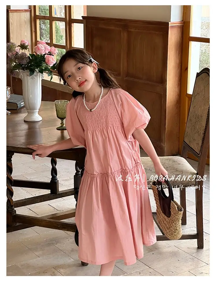 Girls Summer Clothes Bubble Sleeves Fashion Dress 2024 New Summer Childrens Princess Knee-length Dress Pink Trend