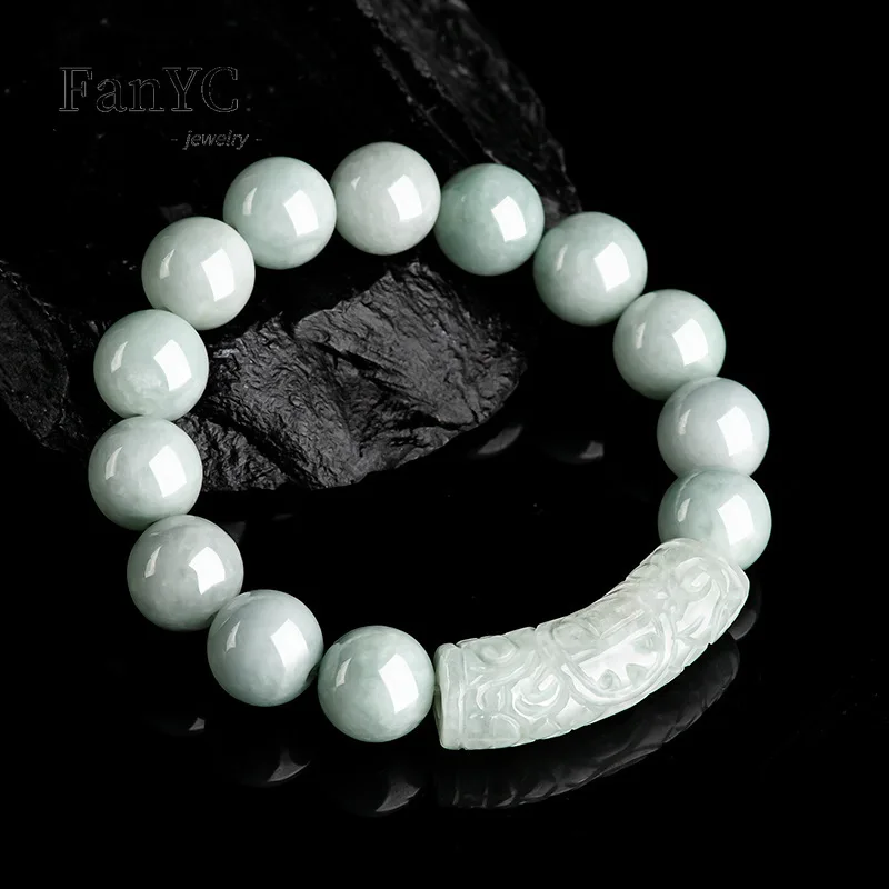 

Myanmar Jadeite Fortune Pattern Curved Strip 13mm String Hand Carved Exquisite Luxury Ice Jade Bracelet Men & Women Holiday Gift