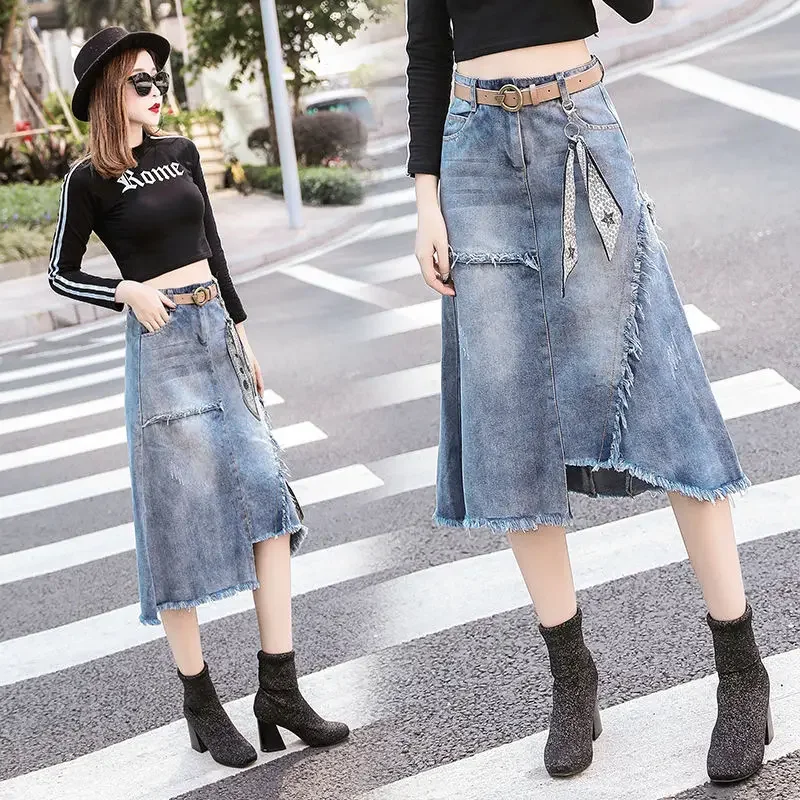 Zipper Jeans Skirts for Women High Waist Midi Patchwork Woman Denim Skirt with Pocket New in Clothing Trend 2024 Korean Style V